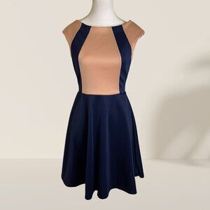 ✨ Mystic Colorblock Fit & Flare Dress – Navy & Nude (Size L) ✨